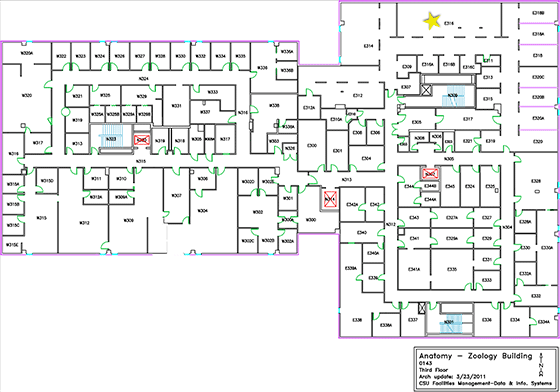 Map of the third floor of the Colorado State University Anatomy and Zoology building